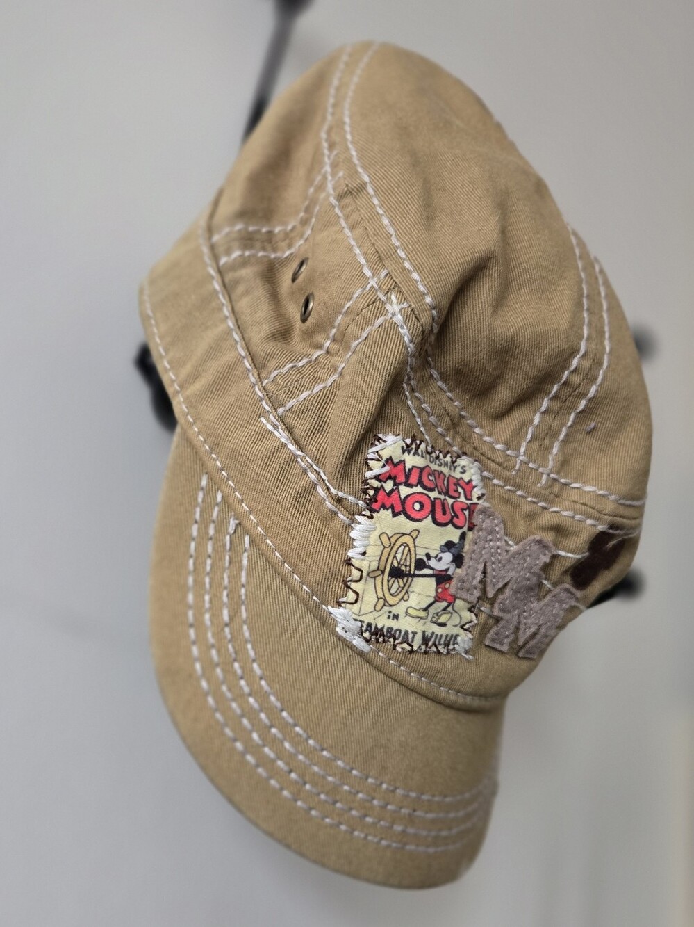 Disney Mickey Mouse Olive Green Millitary Style Hat Cap with White Stitching